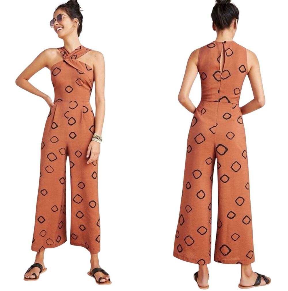 NWT Eva Franco Anthropologie Faith Jumpsuit Women's 2 Brown Wide Leg Halter Chic